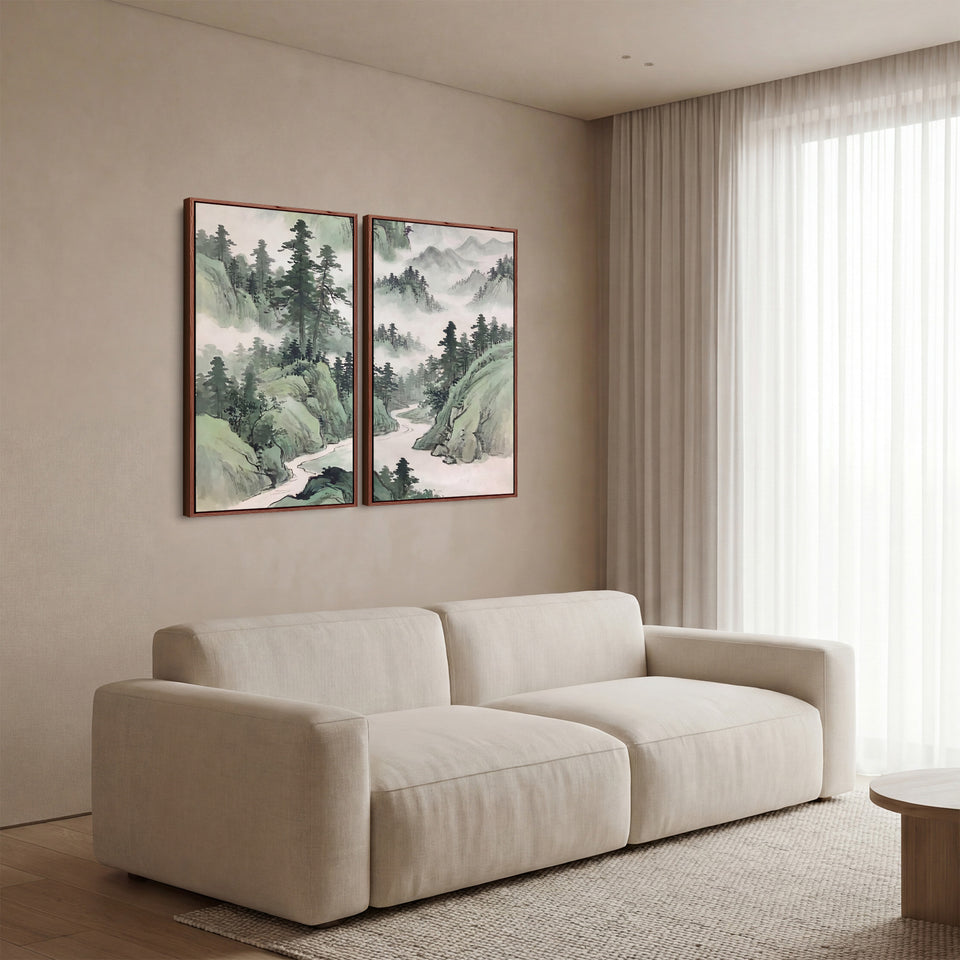 Misty Mountain River Diptych Wall Art for Living Room Forest Landscape