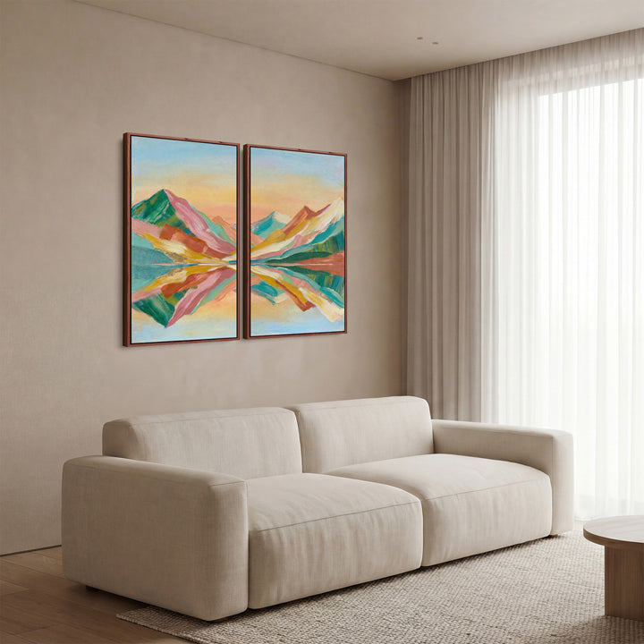 Colourful Peaks Oversized Diptych Wall Art Bedroom Mountain Lake Reflection