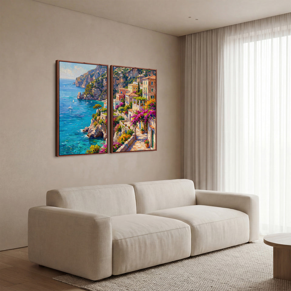 Set Of 2 Wall Art Mediterranean Coastal Village for Dining Room