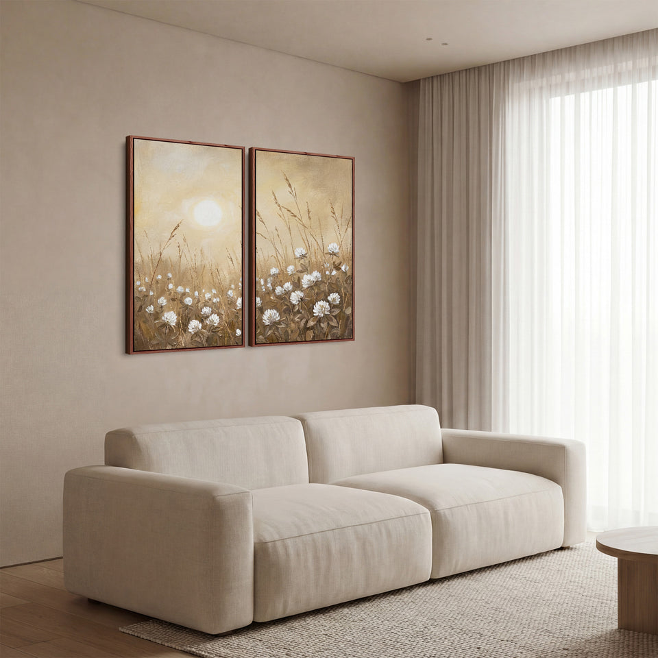 Golden Meadow Two Panel Wall Art Bedroom Wildflower Sunrise