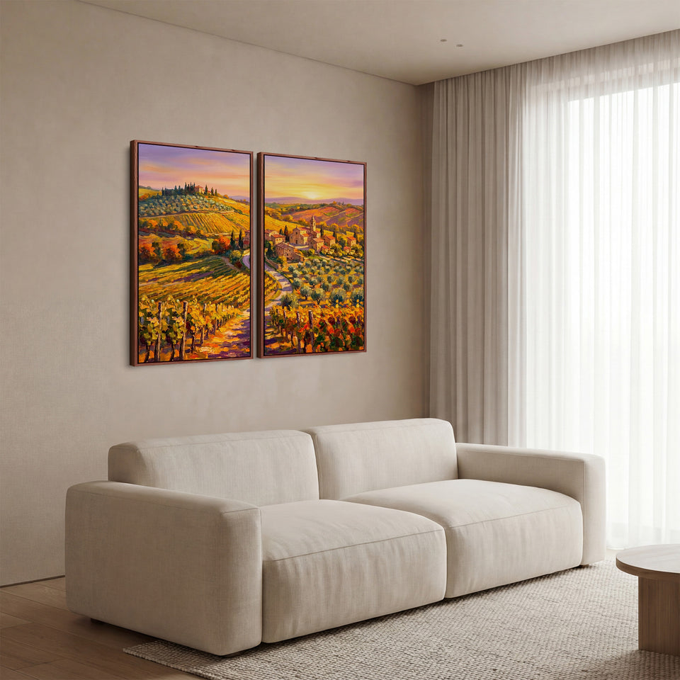 Vertical Diptych Wall Art Quiet Vineyard Village Hallway Landscape