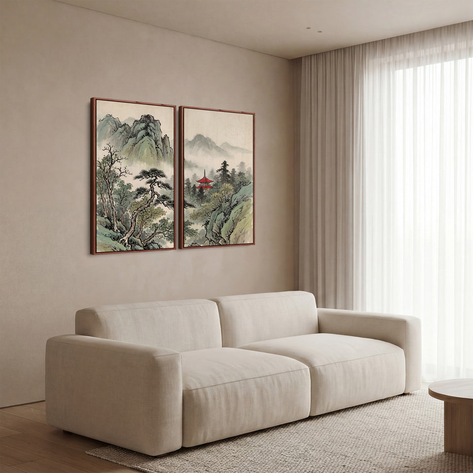 Misty Temple Diptych Wall Art Living Room Japanese Mountains