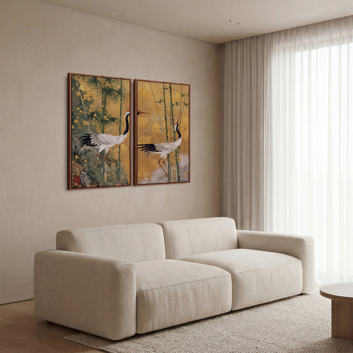 Golden Cranes Oversized Diptych Wall Art Dining Room Bamboo