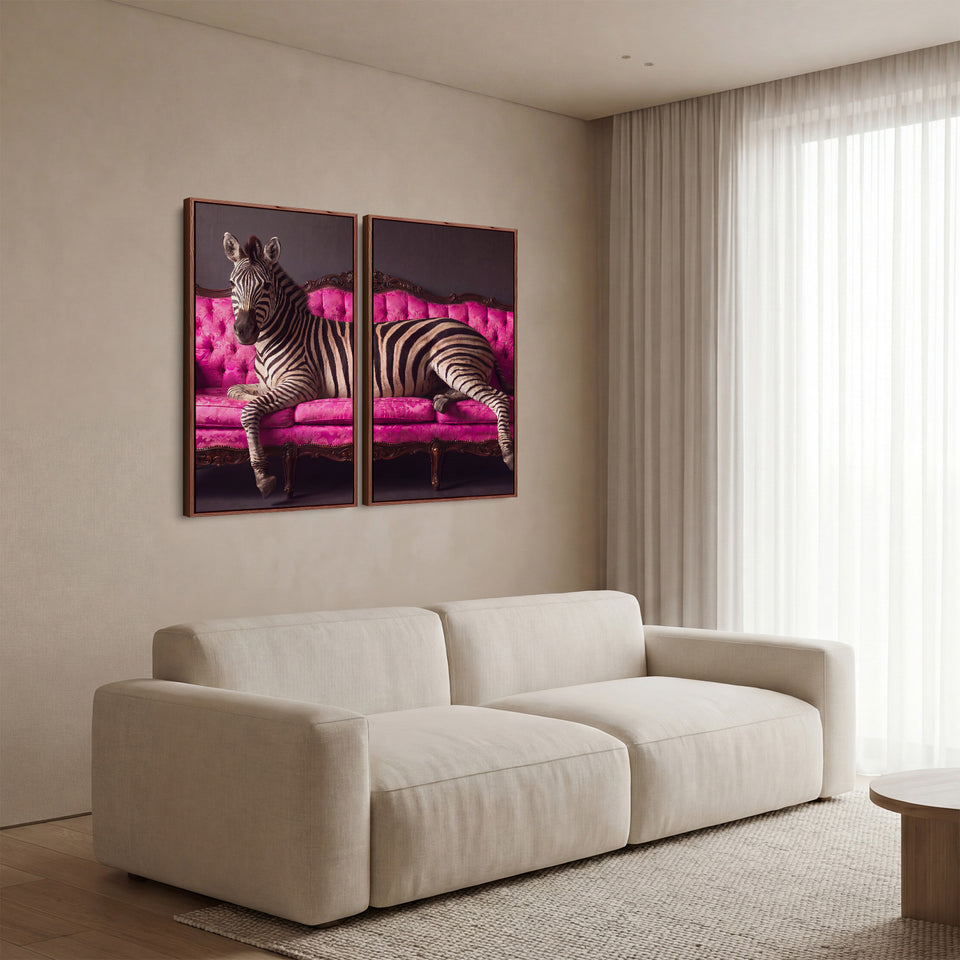 Zebra On Pink Sofa 2 Piece Wall Art Set Living Room