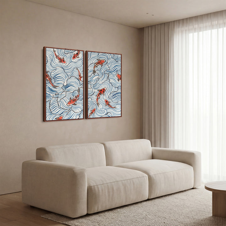 Koi Wave Pattern Large Scale Wall Art Set Living Room