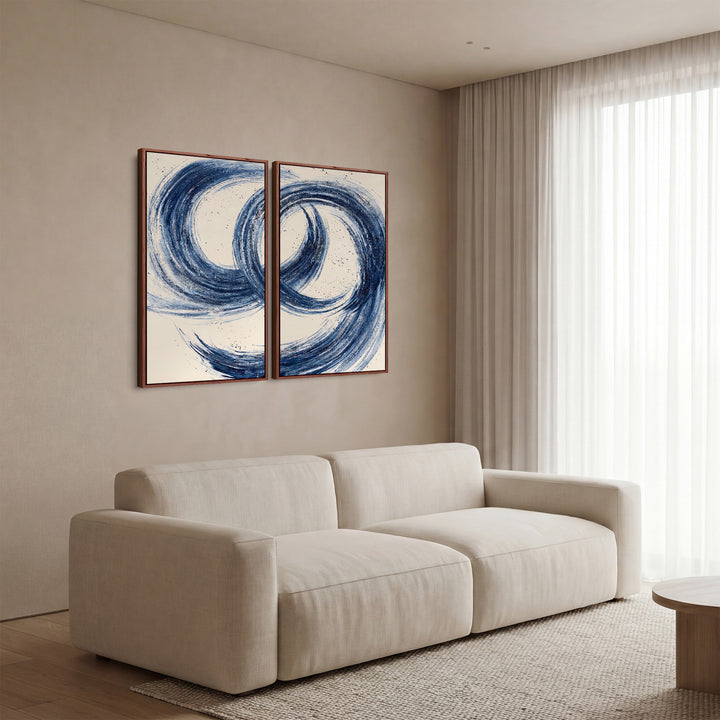 Oversized Diptych Wall Art Abstract Blue Brushstrokes Office