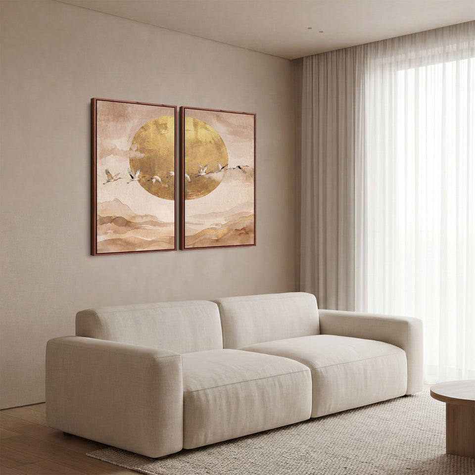 Set Of 2 Wall Art Flying Cranes Dining Room Golden Sun