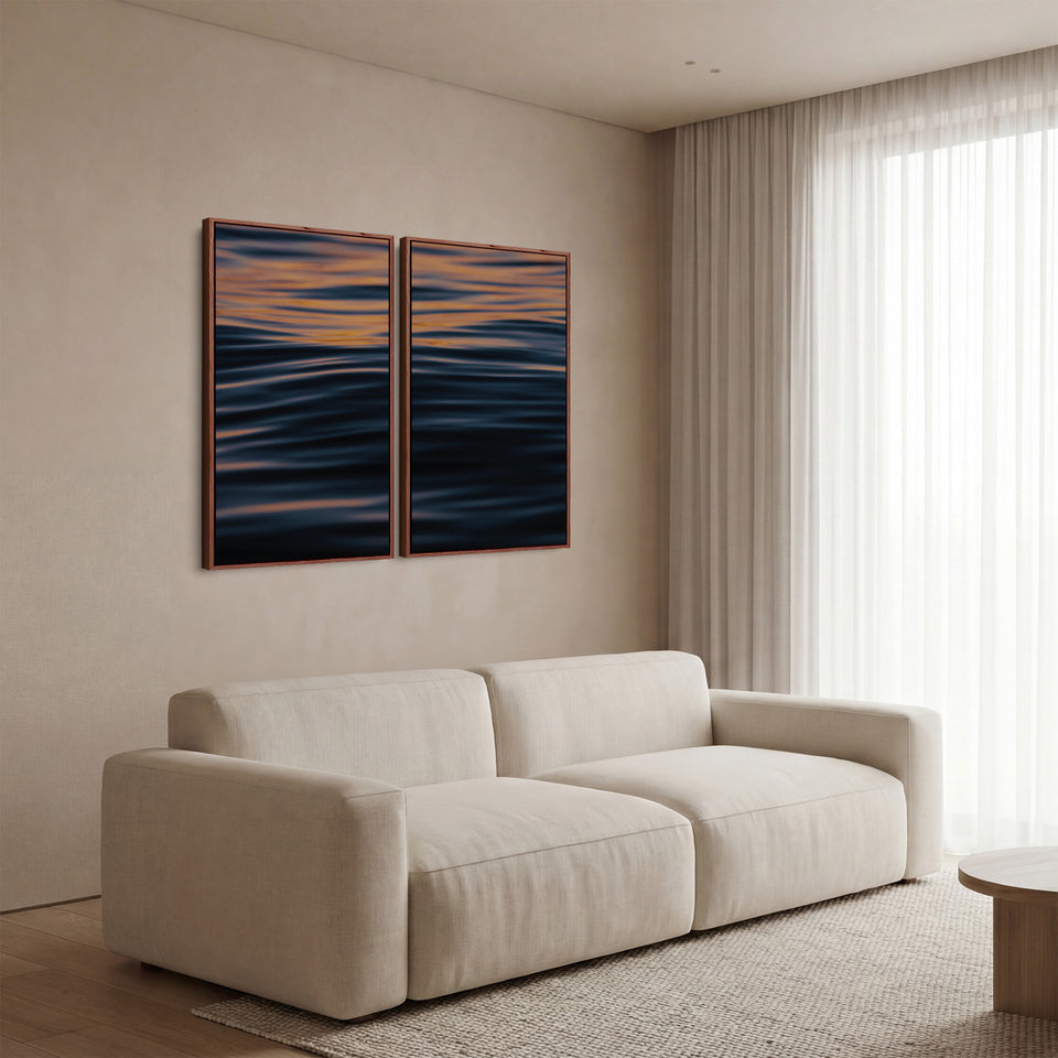 Orange Sea Ripples Three Panel Wall Art For Kitchen With Deep Blue Water