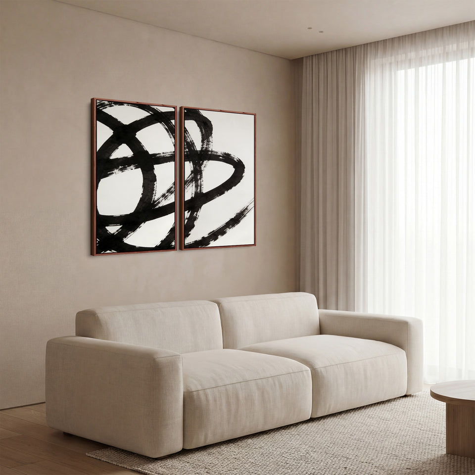Black Abstract Brushstrokes Large Diptych Wall Art For Hallway