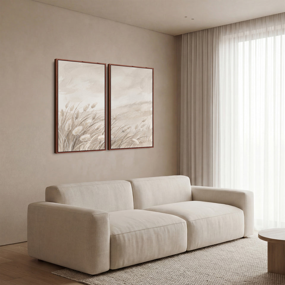 Wandbild-Set mit 2 Teilen für das Schlafzimmer: Lampenputzergräser, die sich in einer sandfarbenen Brise neigen