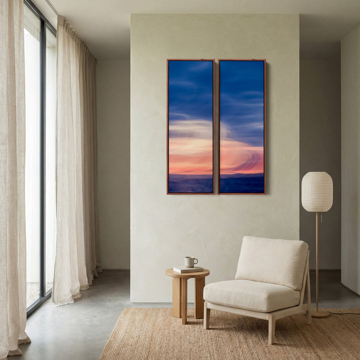 Soft Coastal Horizon Three Panel Wall Art For Dining Room In Blue And Pink