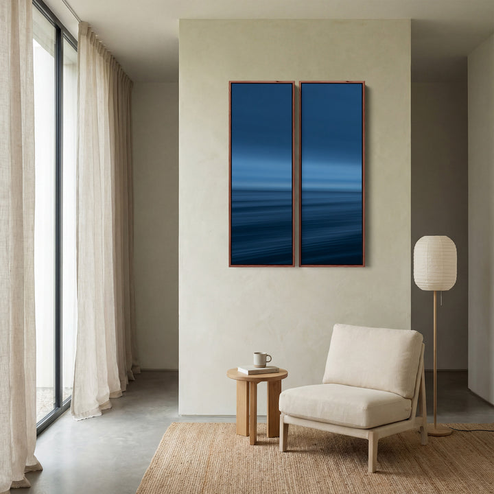 Blue Ocean Horizon Vertical Triptych Wall Art For Kitchen Calm Sea View