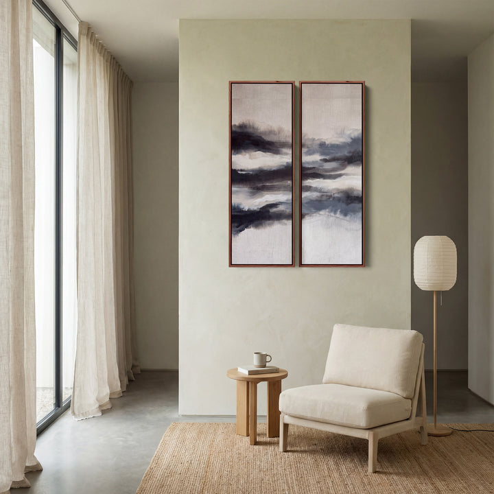 Misty Abstract Diptych Wall Art For Living Room In Black Grey And White
