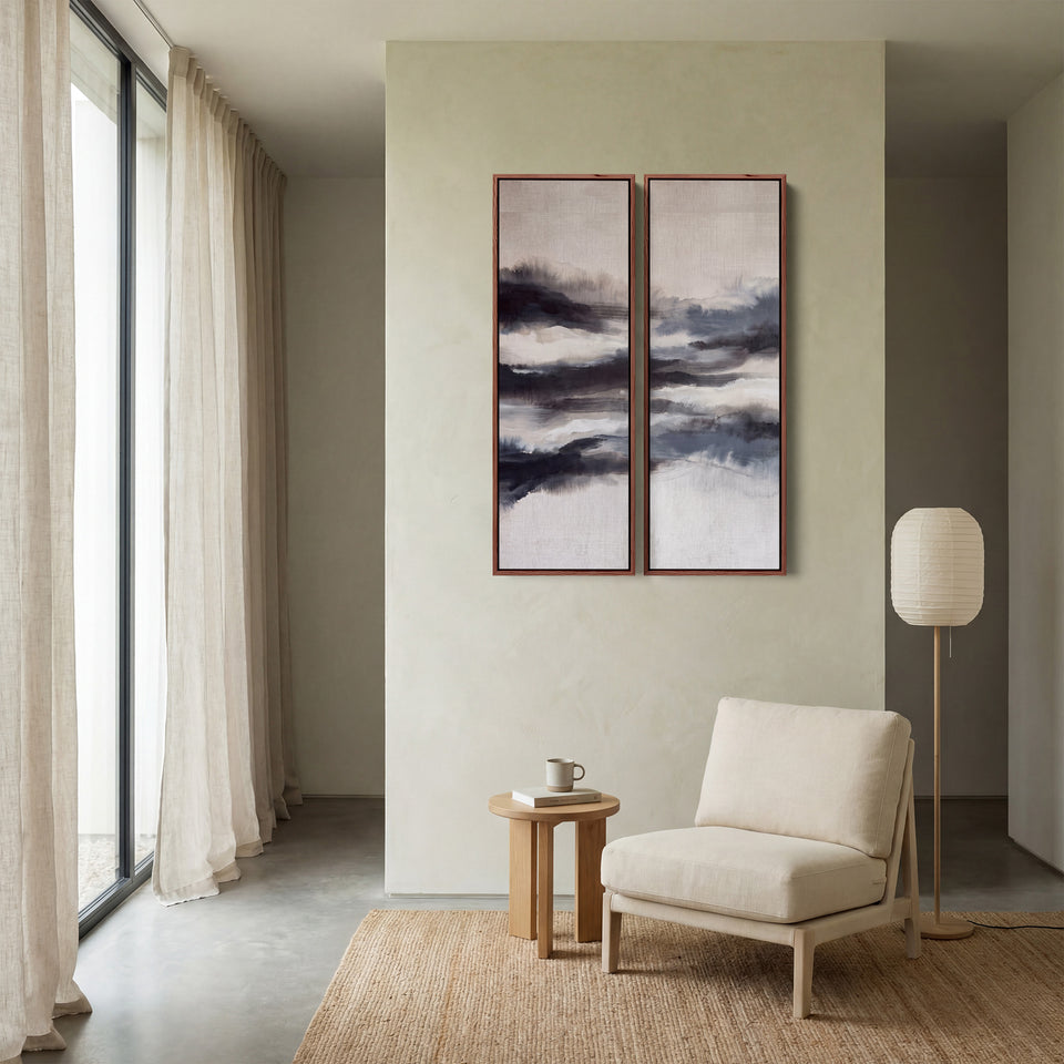 Misty Abstract Diptych Wall Art For Living Room In Black Grey And White