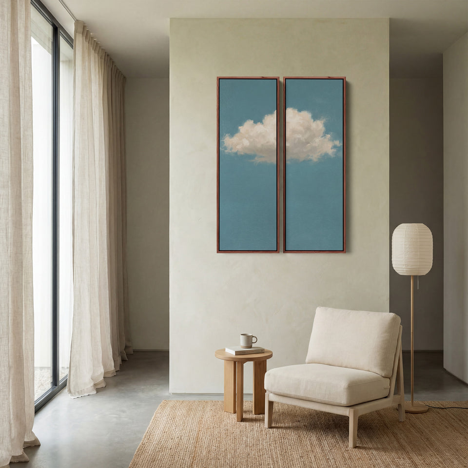 Blue Sky Oversized Diptych Wall Art With Single White Cloud For Bedroom