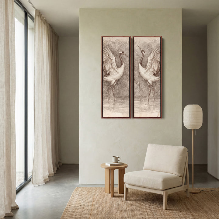 Two Cranes Sketch 2 Piece Wall Art Set In White Brown Grey For Dining Room