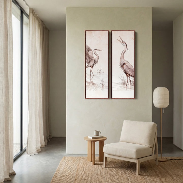Two Herons In Marsh Vertical Diptych Wall Art For Kitchen In White Brown Grey