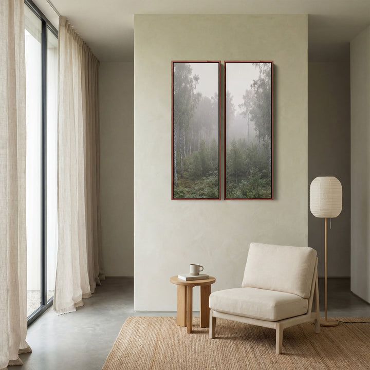 Misty Birch Forest Large Diptych Wall Art In Green White Grey For Bedroom