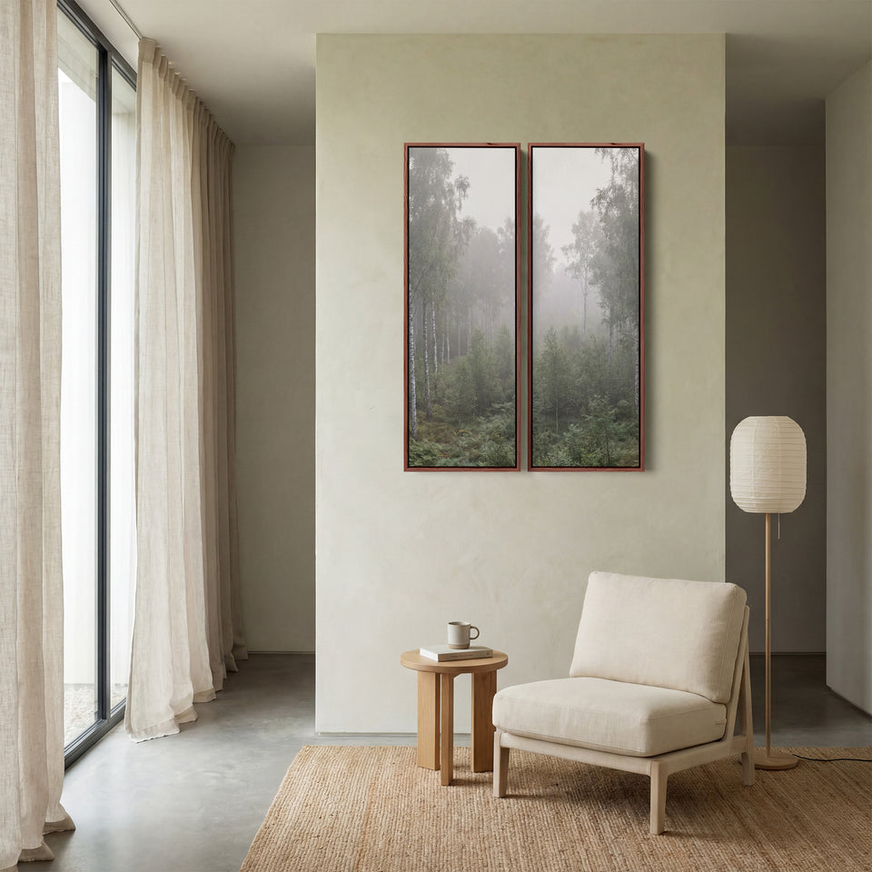 Misty Birch Forest Large Diptych Wall Art In Green White Grey For Bedroom