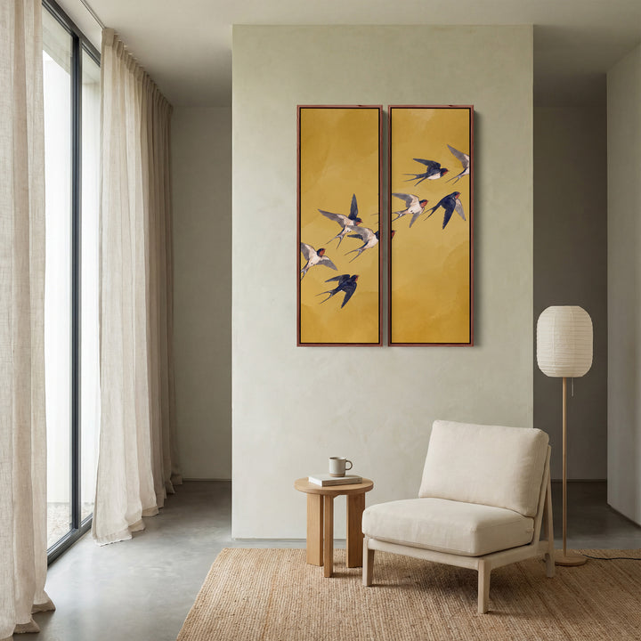 Flying Swallows Oversized Canvas Wall Art Set On Yellow For Hallway