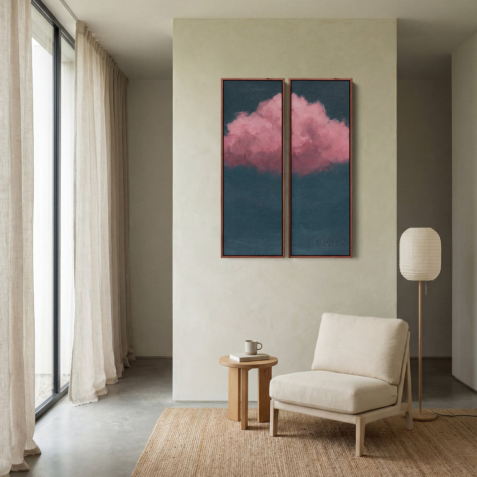 Pink Cloud Large Scale Wall Art Set Against Blue For Living Room