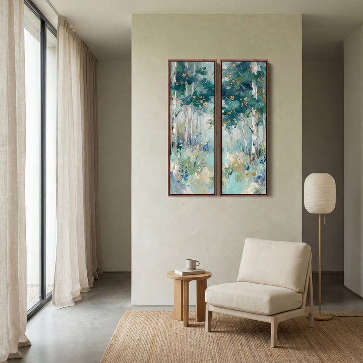 Diptychon-Wandbild mit Birkenstämmen und Blüten, Waldszene fürs Wohnzimmer