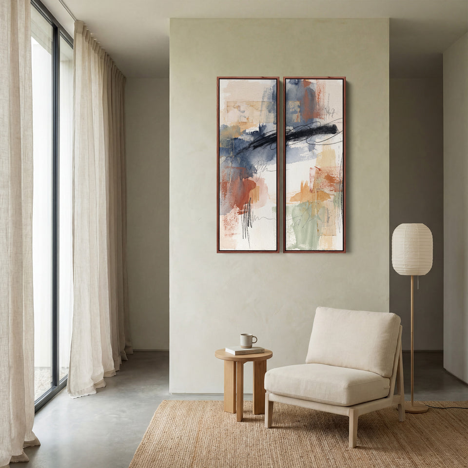 Verticale muurkunstset van 2 met inktkrabbels over blauwe en oranje kleurwassingen voor kantoor