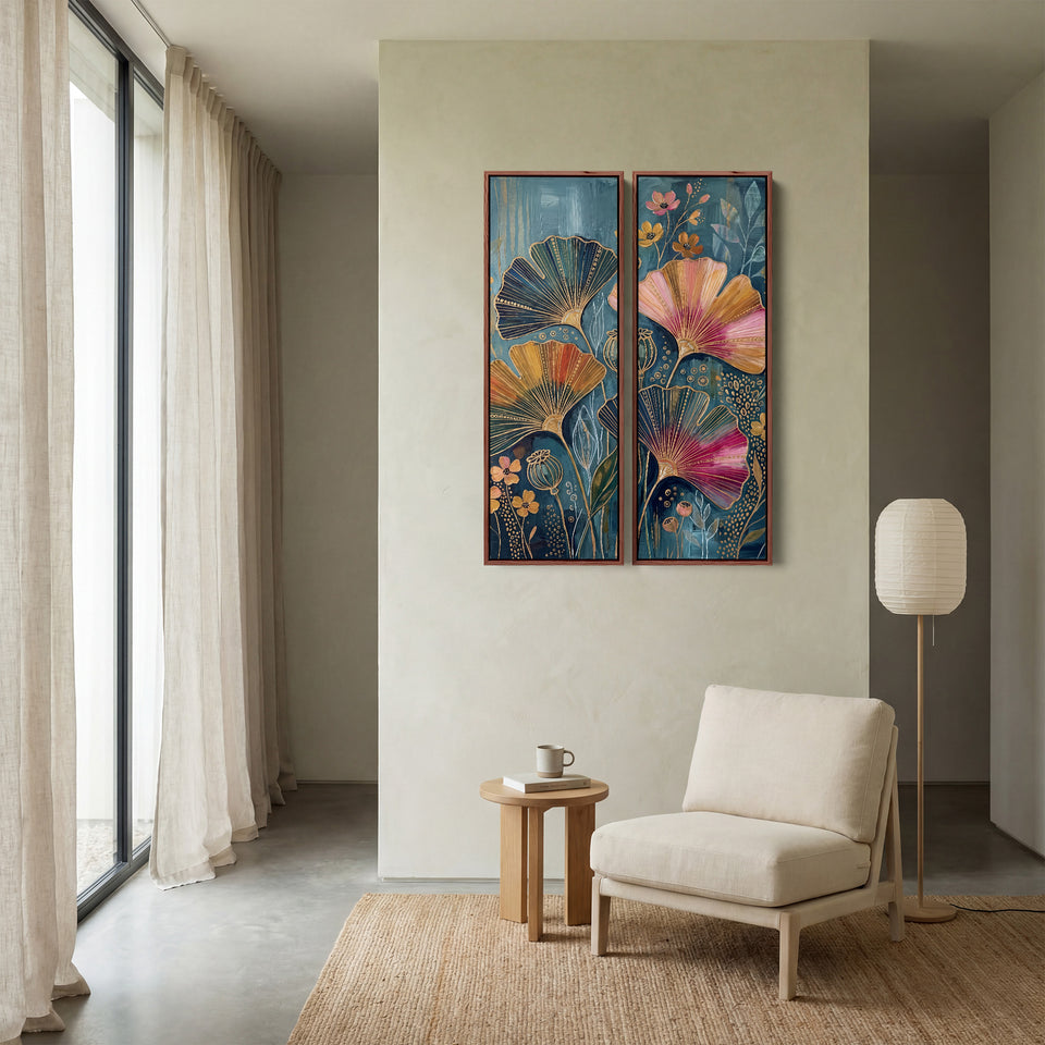 Wall Art Set Of 2 Fan Flowers Outlined In Gold On Deep Blue Dining Room