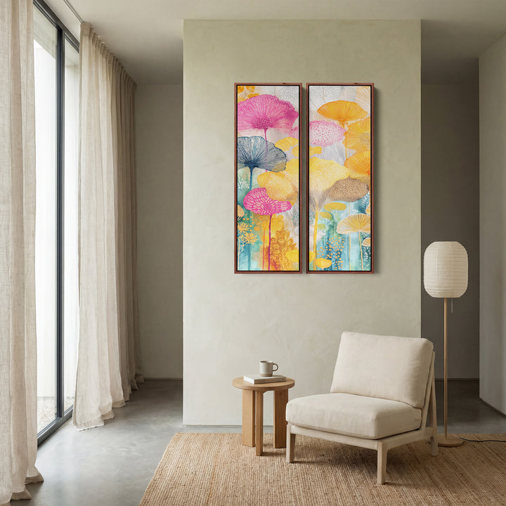 Diptychon-Wandbild mit leuchtend pinkfarbenen und gelben Blütenköpfen, Küche, botanisch