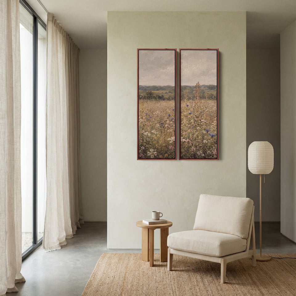 Verticale wanddecoratieset van 2 met korenbloemenweide, eetkamer, bewolkte lucht
