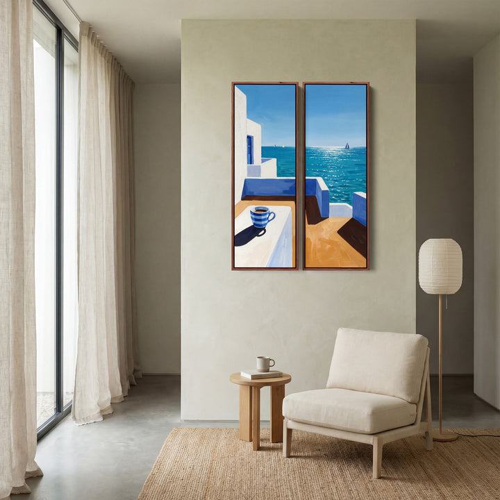 Wall Art Set Of 2 Coffee Cup On A Whitewashed Terrace Kitchen Sea View