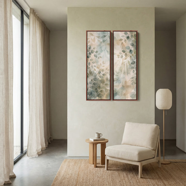 2-teiliges Wandbild-Set „Treibende Blätterzweige“, Schlafzimmer, Grün und Beige