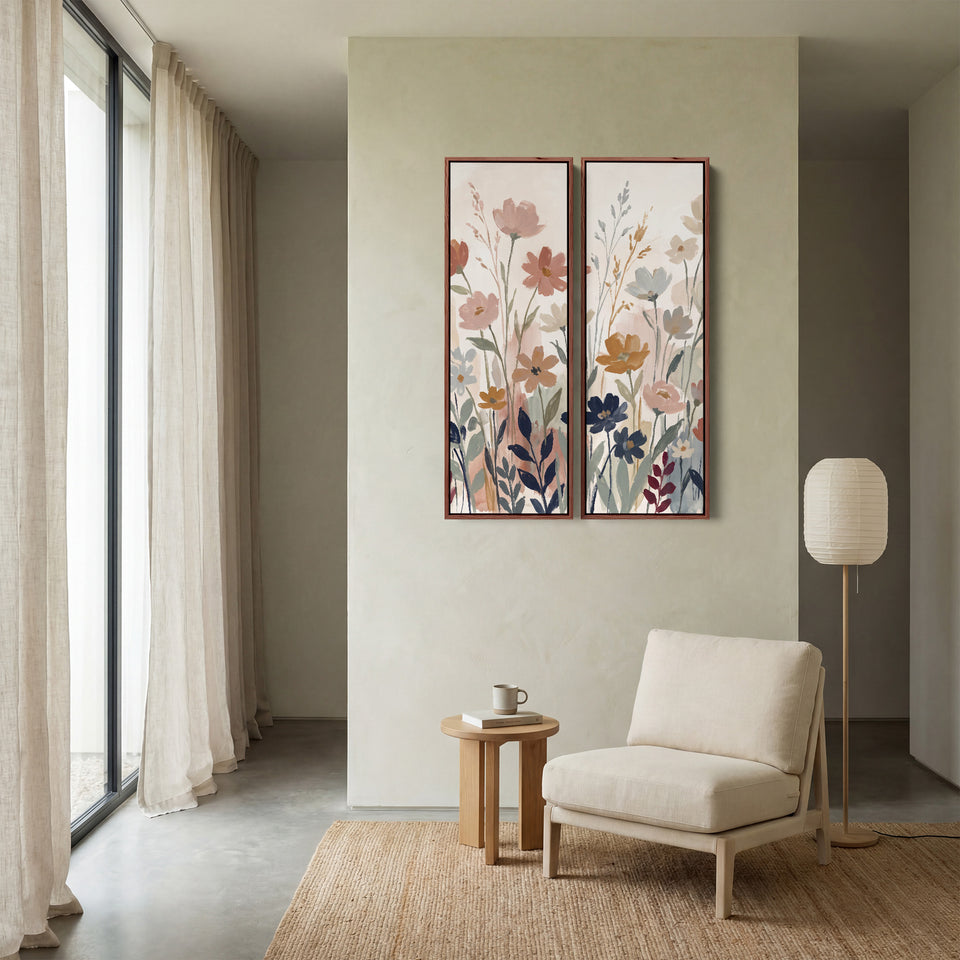 Set wanddecoratie met 2 afbeeldingen van losse wildebloemstelen, eetkamer, roze en blauwe bloemen