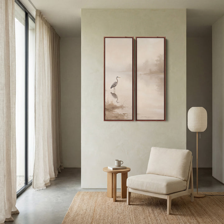Reiher am Seeufer, 2-teiliges Wandbild, Büro, Braun und Beige, Morgennebel