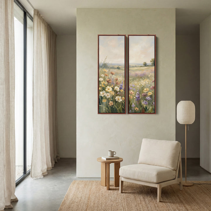 2-teiliges Wandbild „Cremefarbene Kosmeenwiese“, Schlafzimmer, grünes Feld und entfernte Bäume