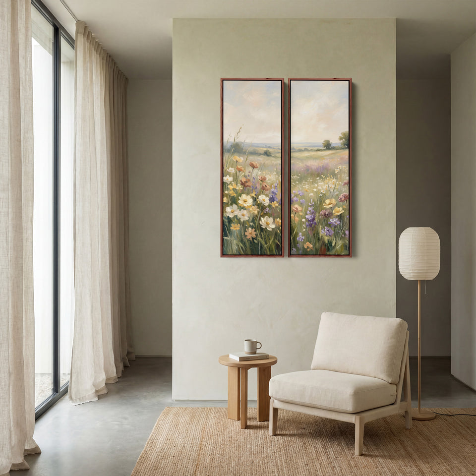 2-teiliges Wandbild „Cremefarbene Kosmeenwiese“, Schlafzimmer, grünes Feld und entfernte Bäume