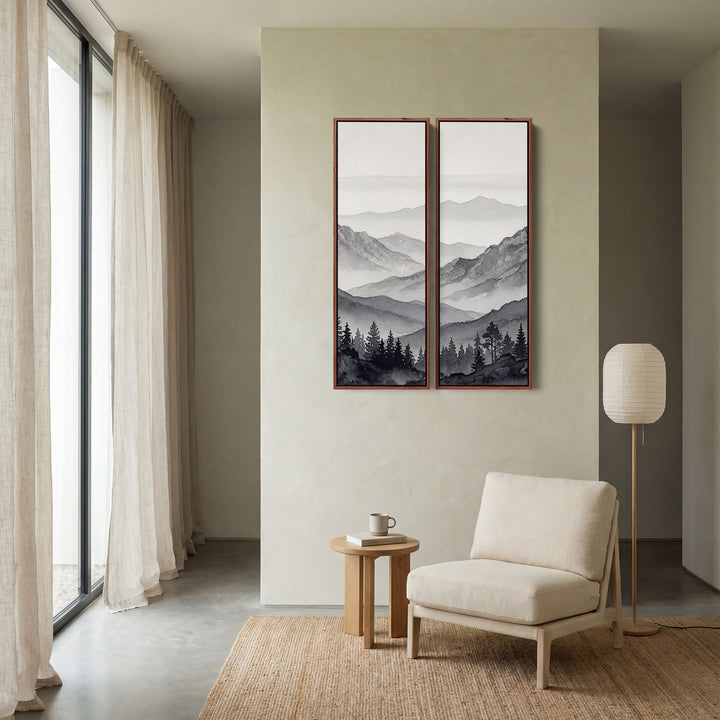 Wanddecoratieset van 2 grijze bergruggen en dennentoppen, woonkamer, monochroom