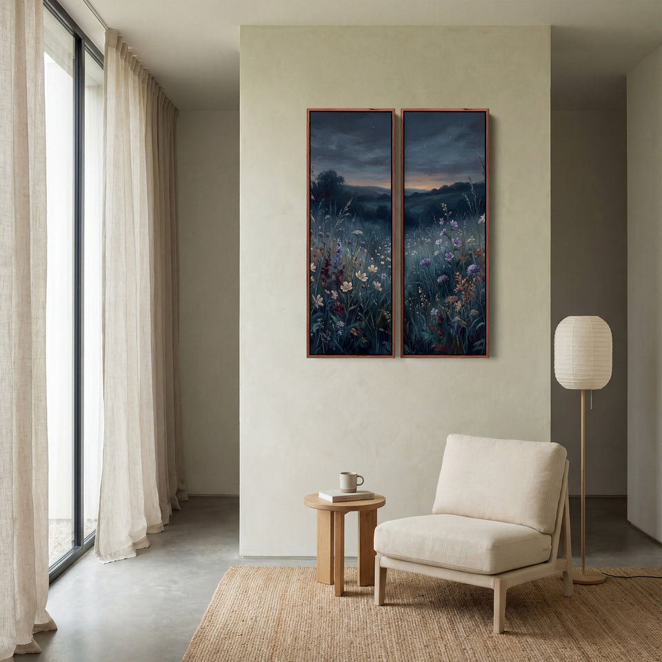 Tableau mural en 2 pièces, fleurs sauvages au crépuscule, salon, champ bleu foncé au crépuscule