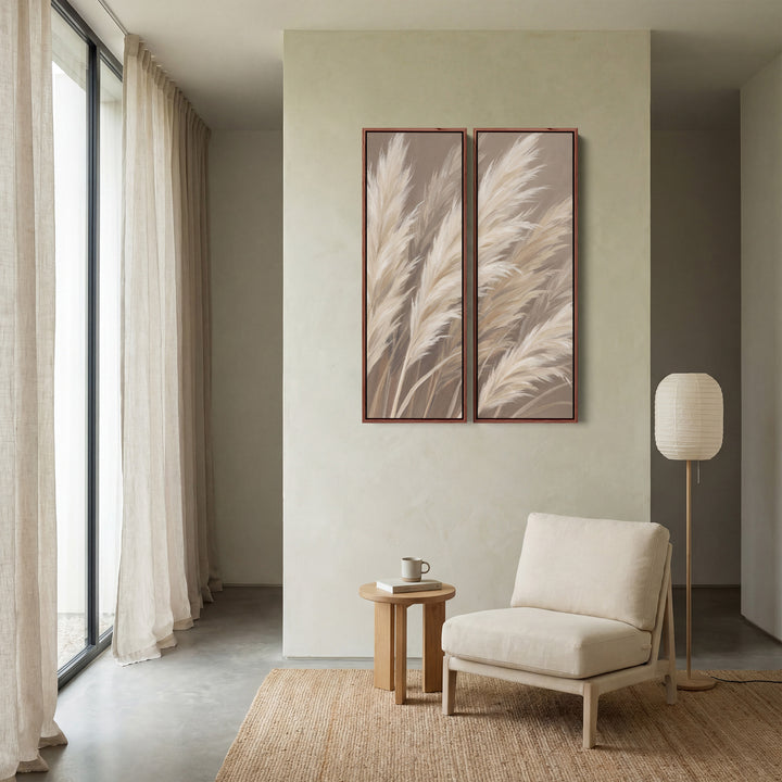 Wanddecoratieset van 2 pluimen van pampagras in crème, hal, bruine en grijze achtergrond