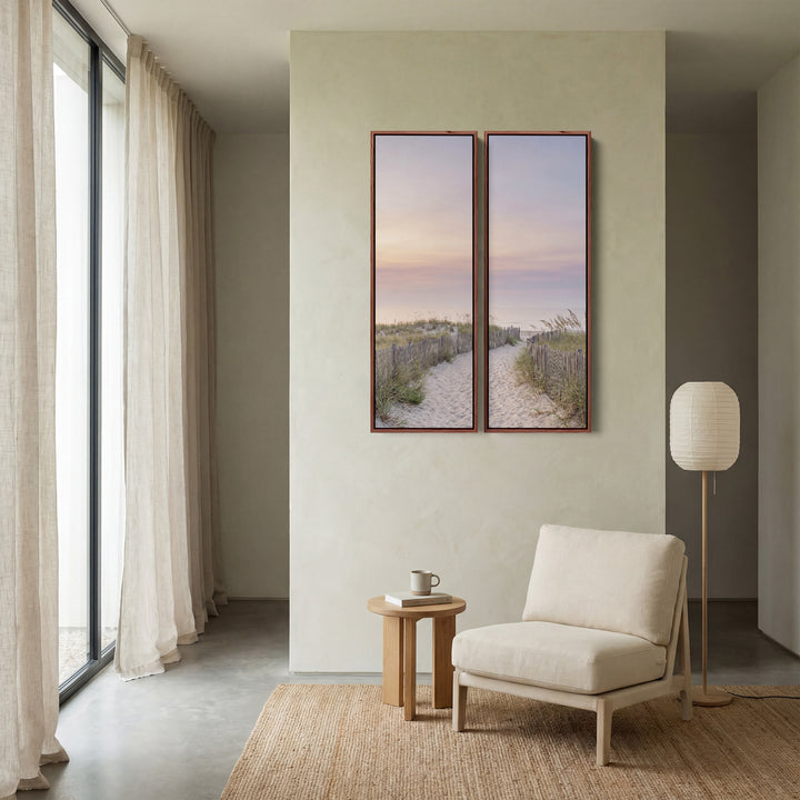 Diptychon-Wandbild mit Sandweg durch Dünenzäune, Schlafzimmer, Himmel bei Sonnenaufgang