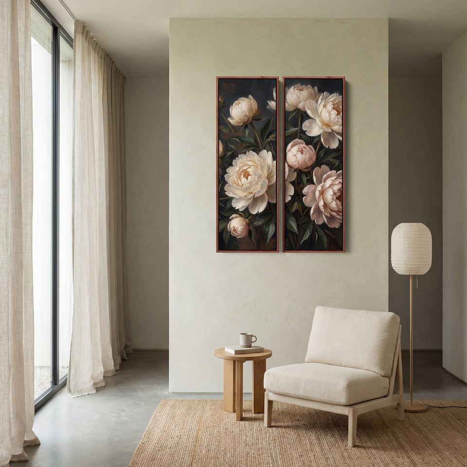 Verticale wanddecoratieset van 2 witte pioenrozen, woonkamer, diep beschaduwde ondergrond