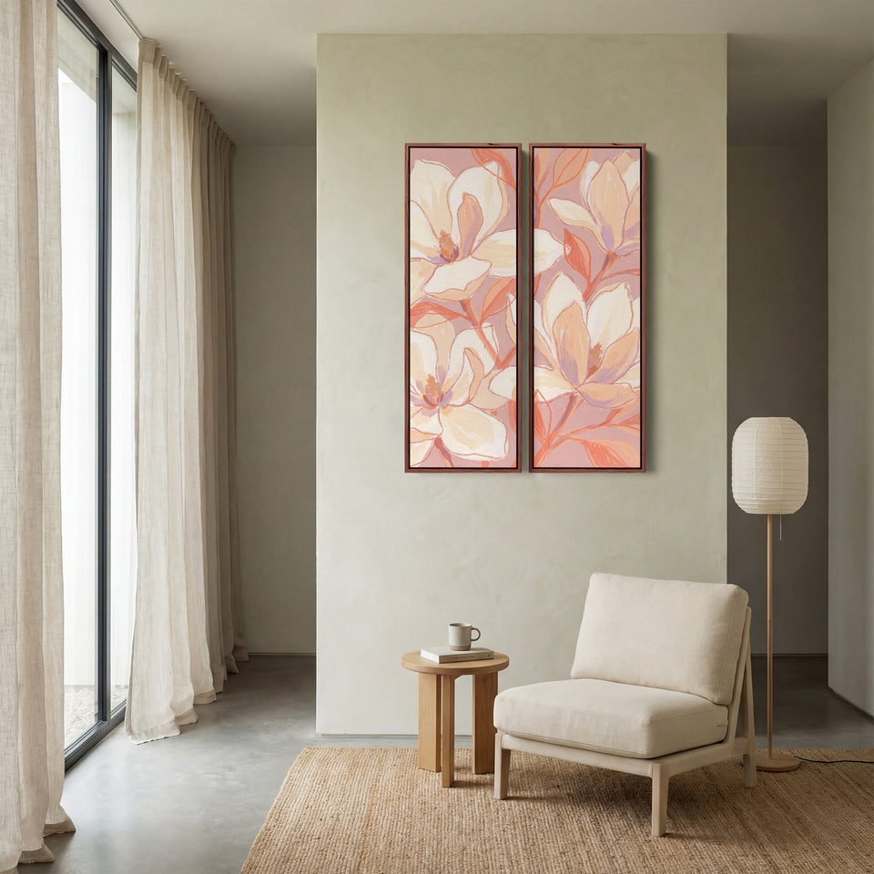 2-teiliges Wandbild mit cremefarbenen Magnolienblüten, Küchenmotiv mit korallenroten Blättern auf Altrosa