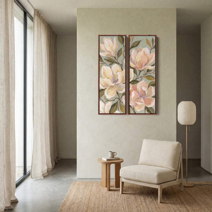2-teiliges Wandbild mit Magnolienzweig und olivgrünen Blättern auf salbeigrünem Hintergrund