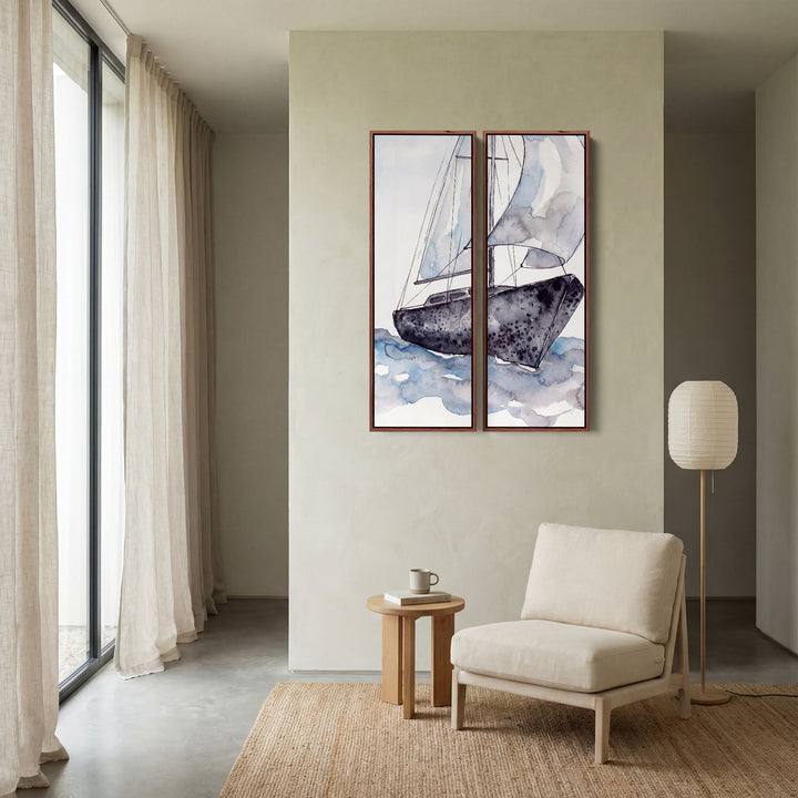 Hoge verticale wanddecoratie, set van 2, zeilboot die overhelt op blauw water, eetkamer