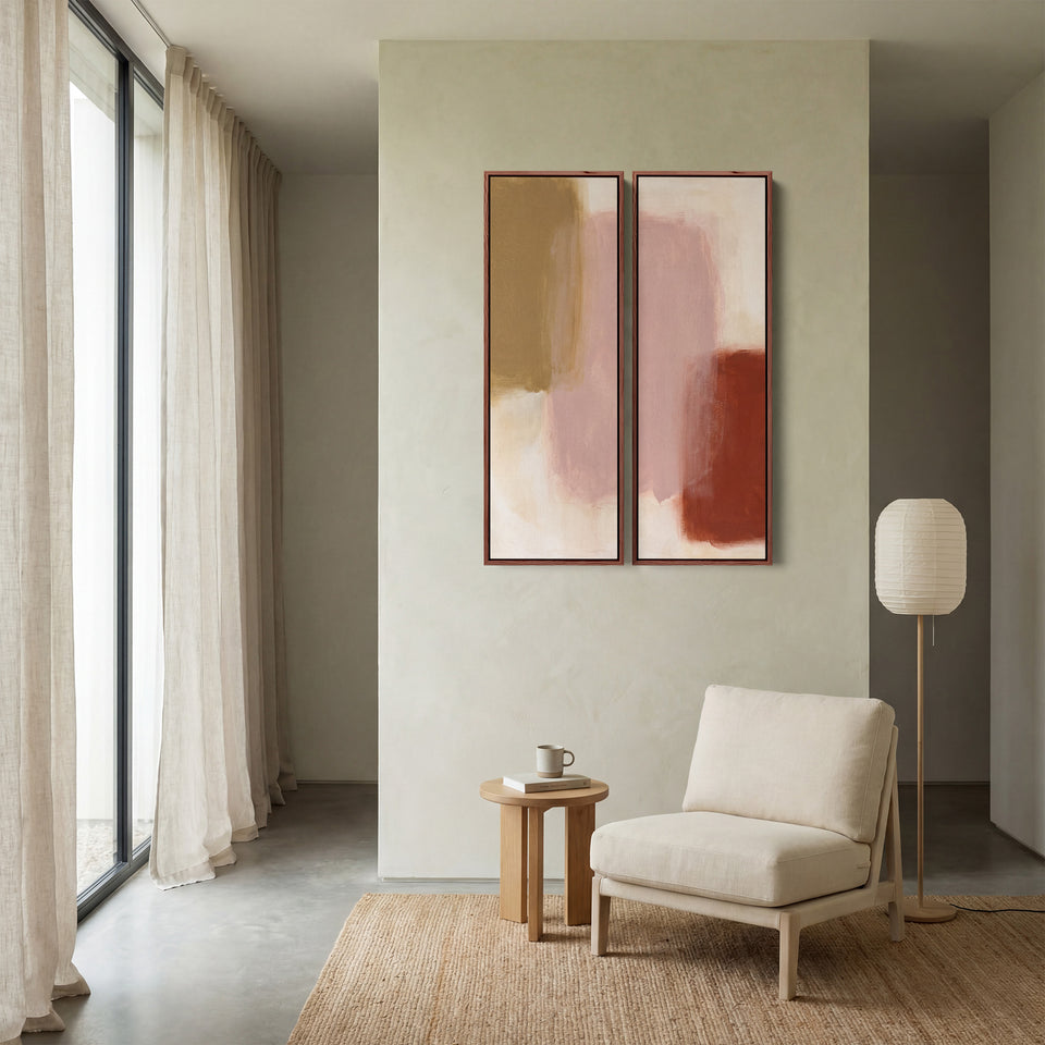 2-teiliges Wandbild mit roten, rosafarbenen und olivgrünen Streifen, Flurmotiv, abstrakte Farbstudie