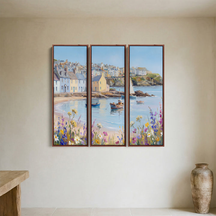 Coastal Harbour Village Triptych Wall Art for Living Room With Pastel Boats