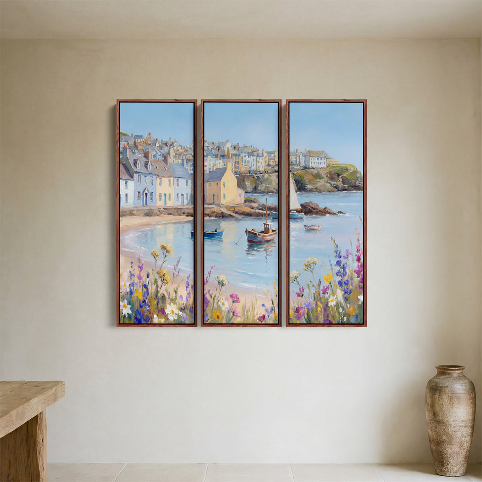 Coastal Harbour Village Triptych Wall Art for Living Room With Pastel Boats