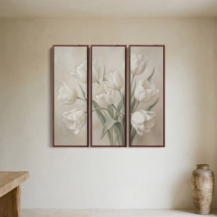 White Tulip Oversized Triptych Wall Art for Bedroom in Soft Neutral Tones