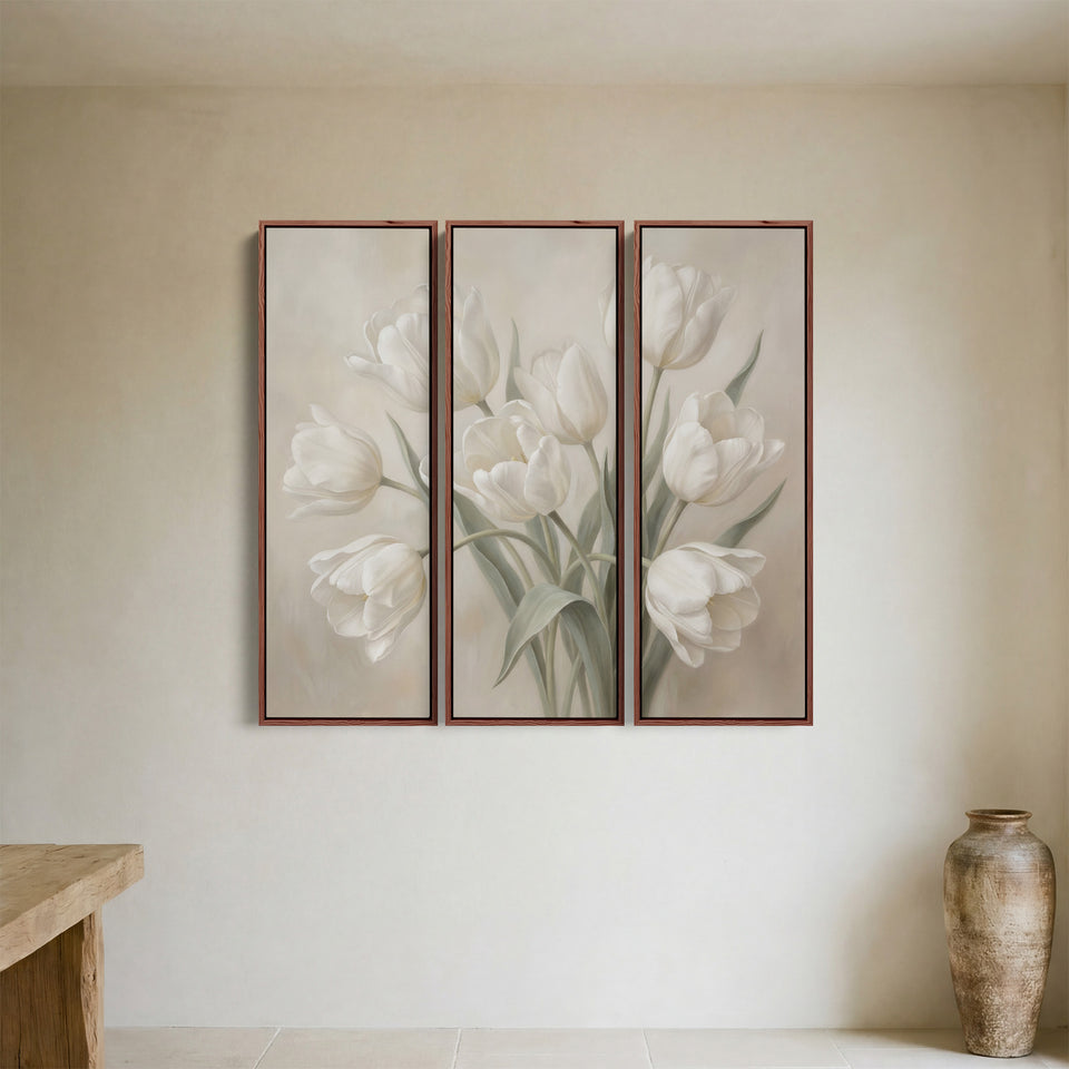 White Tulip Oversized Triptych Wall Art for Bedroom in Soft Neutral Tones