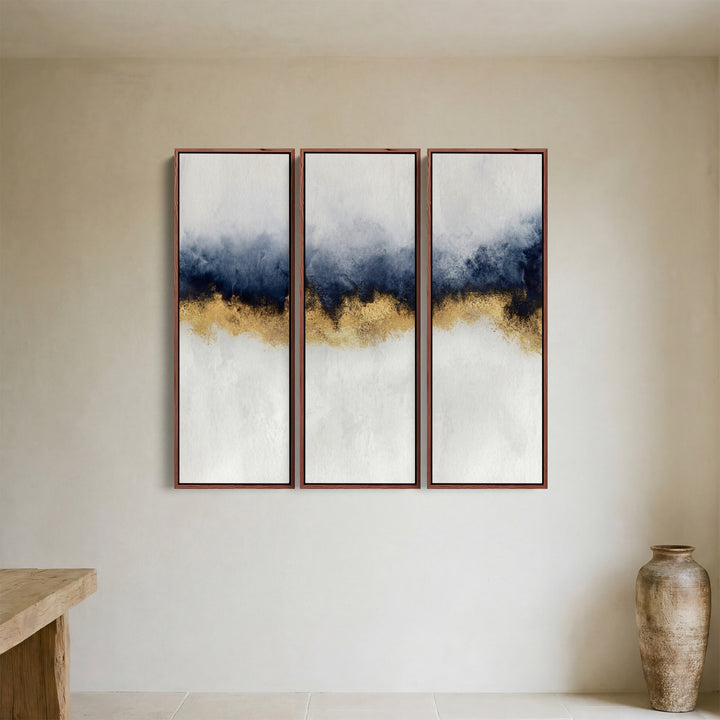 Blue And Gold Set of 3 Wall Art for Office With Abstract Horizontal Detail